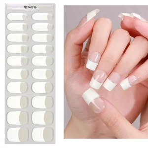 French Nail Tips Solid Color Nail Art Gel Stickers with Shinny Glitter Line Elegant Nail Wraps