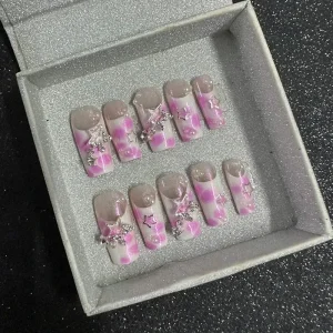 French Pink Sweet Princess Removable Nail Art Almond Square Party Sticker Handmade Press on Nails