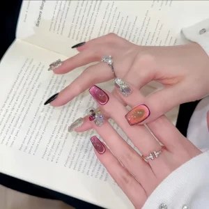 French Rose Pink and Silver Grey Handmade Inlaid Acrylic Press on Nails with Almond & Square Shapes Medium Short Length