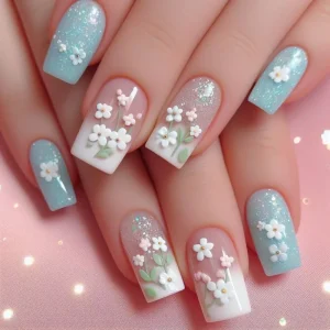 French Short Nails 3D Pink Blue Tone With Flower And Glitter Square Press on Nails
