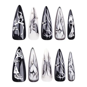 French Style Dark Handmade Full Cover Plastic Press On Nails 24pcs Set European American Wearable Butterfly Finger