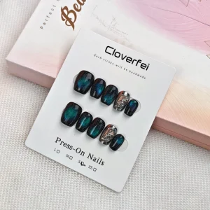 French Style Geometric Pattern Plastic Full Cover Press-On Nails Long-Lasting Glossy Finish Pre-Designed for Finger Use 10 Pcs