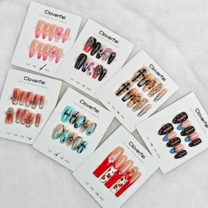 French Style Geometric Pattern Plastic Full Cover Press-On Nails Long-Lasting Glossy Finish Pre-Designed for Finger Use 10 Pcs
