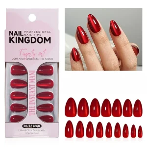 French Style Shiny Thin Waterproof Press On Nails Almond Shape Full Set Self-Adhesive Instant Nail Art Ruby Cat Eye Non-Toxic