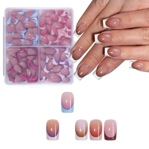 French Tip Double Color Press On Nails Short Square Full Cover Mix and Match 4 Grid Design 128 Pieces Multiple Colors