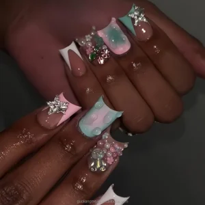 French Tip Duck Nails Press on Handmade Acrylic Artificial Fingernails Flared Rounded Edge for Women French Manicure Set