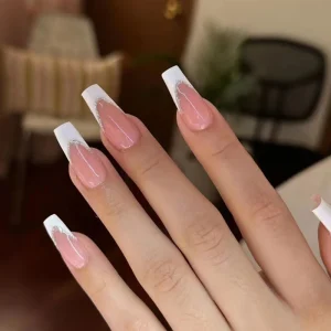 French Tip Press On Nails Long Almond False Nails White Tip Nude Pink Glossy Acrylic False Nails