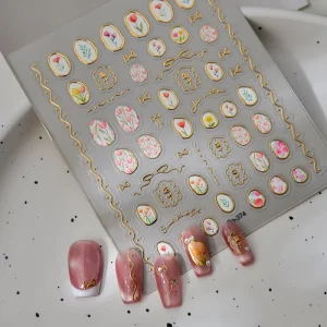 French Tulip Nail Art Stickers 5D Embossed Gold Foil Floral Nail Decals For Women Elegant Nail Art Decorations