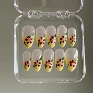 Fresh Yellow Almond Press on Nails Handmade Custom Fake Nails with Flower Art Summer Reusable Nail Art