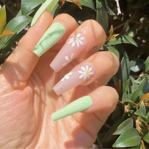 Frosted Flowers Long Coffin Press on Nails 24pcs Colors French Style Green Design Finger ABS 1 Box Nail Art Salon