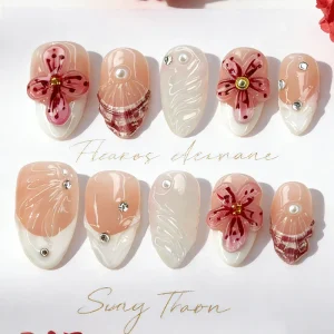 Full Cover Daily 3D Almond Shaped Press Nails White French Tip Natural Fit Handmade Rhinestones