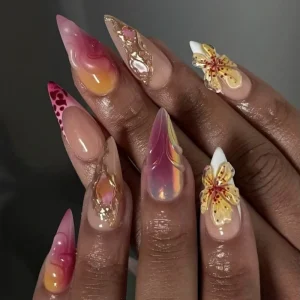 Full Cover Pre Designed Press on Nails Sunset Gradation Pink Aurora with 3D Big Flower Sculpture