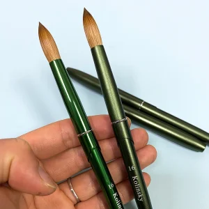 Germany Kolinsky 14 16 18 Nail Acrylic Brush Matte Green Metal Handle with Lid Kolinsky Nail Art Brush for Acrylic Nail Tips