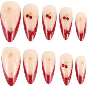Glamorous Cherry Stiletto Press On Nails with Rhinestones Two tone Nude & Red