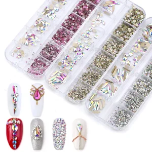 Glass Designs Flat Back Mixed Easy Size Crystal Sticker Nail Art Rhinestones for Nails Art 3D Decorations