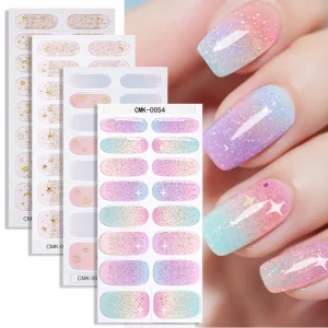Glitter NO UV Semi Cured Nail Stickers Gel Nail Polish Wraps Full Cover Adhesive Nails Stickers