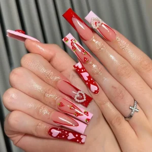 Glitter Powder Red Love Heart French False Nails Valentine Gift Fashion Detachable Finished False Nails Press on Nails with Glue