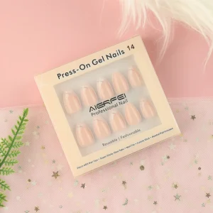 Glossy French Nail Art Fake Nails 24pcs Short Almond Sliver Stripe Press on Nails Artificial Fingernails