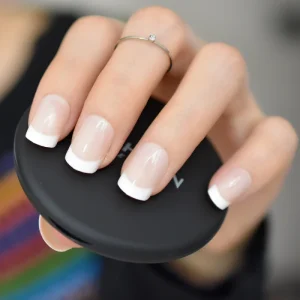 Glossy Square Press on Nails with French Tips Nude Acrylic Fingernails for Stick on Nails Chic for Women Salon Manicure