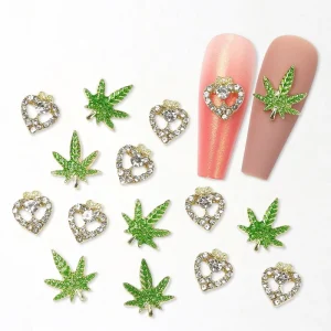 Gold 3D Nail Art Decorations 7 Assorted Designs with Leaf Star Heart Flower Shapes Rhinestones Pearl Beads Resin Jewels