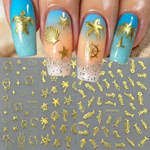 Gold 3D Ocean Theme Nail Stickers Summer Beach Tree Starfish Seashell Nail Decals Metallic Self Adhesive Nail Art Stickers Salon