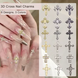 Gold Silver Black Vintage Retro Rhinestones Jewelry Decoration 3D Cross Charm Nail Art