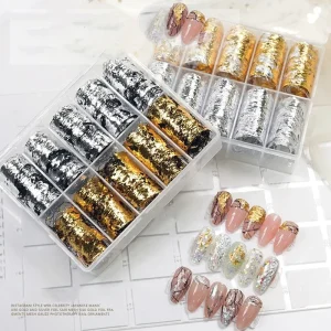 Gold Silver Foil Holographic Aluminum Metal Foil Flake Sticker Nail Sequin 3D Glitter Line Decoration Nail Decal