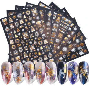 Golden Laser Christmas Tree Elk Snowflake 3D Sticker for Nails Decals Nail Decoration