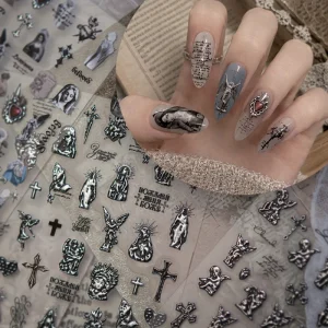 Gothic Grunge PVC Waterproof Thin Adhesive Nail Stickers Bulk Black Silver Cross Angel Virgin Mary Nail Decals for Salon Supply