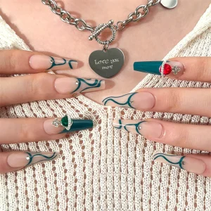 Green Lines Queen West With Rhinestones Customised Press on Nails Box