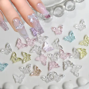 H61 50pcs Kawaii Butterfly Resin Nail Rhinestones Mixed Design 3D Pearls Butterfly Nail Charms DIY Nail Art Decoration