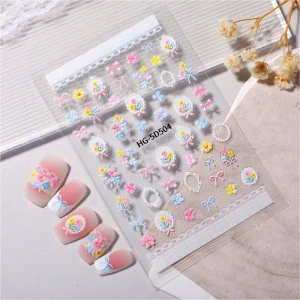 HONEY GIRL 2D 3D Plastic Waterproof Shiny Thin BPA Free Cartoon Flower Nail Art Decals Eco Friendly Adhesive