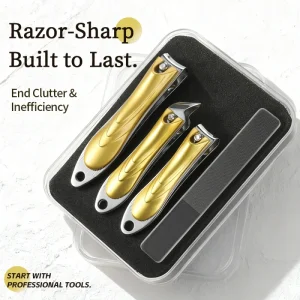 HONGSTARS Stainless Steel Gold Portable Nail Clippers for Fingers and Toes Three Sizes Sharp Blades with Glass File