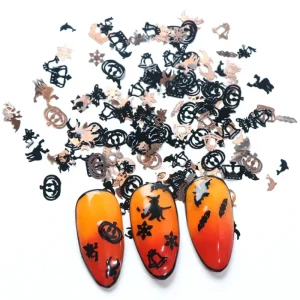 Halloween DIY Supplies Mix Black Gold Metal Decorations Nail Art Flakes Pumpkin Witch Spider Bat 3D Slices Mirror Powder Quality