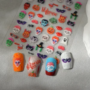 Halloween Nail Art Stickers 3D Cute Pumpkin Ghost Spider Bat Nail Decals for Spooky Holiday Nail Decorations