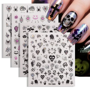 Halloween Nail Art Stickers Spider Pumpkin Ghost Bat Black Cat Nail Decals 5D Relief Self Adhesive DIY Manicure Supplies