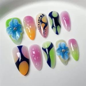 Hand Painted Irregular Line 3D Carved Almond Acrylic Handmade Press on Nails