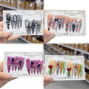 Handmade 10 Piece Long Press On False Nails Brightly Colored Artificial Fingernails