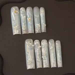 Handmade 10Pcs Luxury Extra Long Full Cover ABS Artificial Fingernails Stiletto Design Sea Wave Pearl Shiny Square Press False