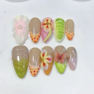 Handmade 10pcs Press On False Nails Almond Design Custom Flower Carving