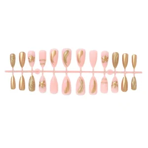 Handmade 3D Golden Flower False Nails Ins Fashion Press On Nails Full Cover Nail Art 24 Pcs