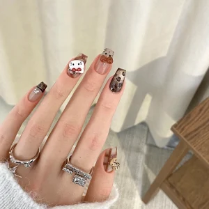 Handmade ABS Plastic Fashionable Luxury Full Cover Press Nails Glue Tasteless Cat Pattern Medium Length Finger Nail Art-10