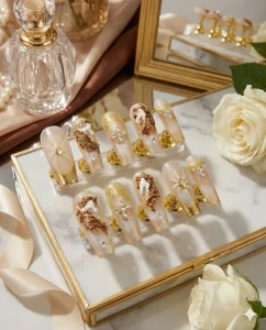 Handmade Custom Press on Nails Horse Year Selection Luxury 3D Gold Horse Relief White Coffin False Nails Wedding Tips