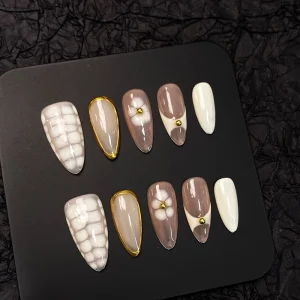 Handmade High End Full Cover Pre designed Checkerboard Floral Design Acrylic Press Fingernails 10pcs Artificial False Nail