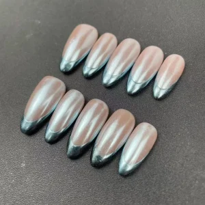 Handmade High Quality Factory Almond Blue Green French Manicure with Stamping Design Reusable