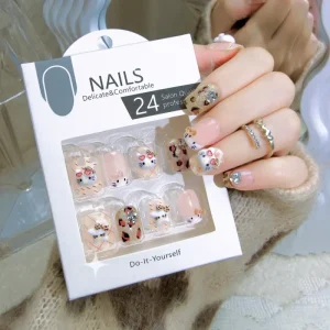 Handmade Kawaii Kitty Cat Cartoon Short Square Press on Nails 24pcs Box ABS False Nails For Autumn