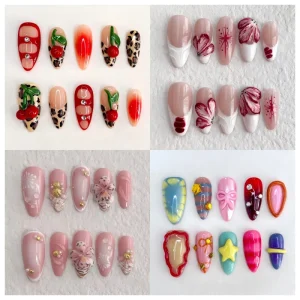 Handmade Nail Art Manicure Medium Almond Cute 3D Cherry INS Y2K Fake Press on Nails Design with Adhesive