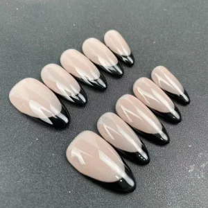Handmade Nail Factory Classic Almond Shape Hand painted Black French Tips Reusable