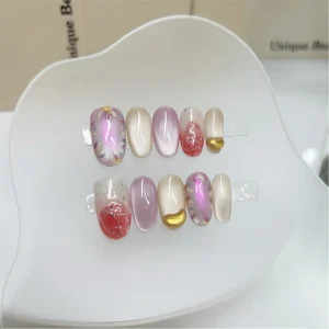 Handmade Pre Glue False Nails Acrylic Almond Square Design Pink Press on Nails 10Pcs Luxury Artificial Nails