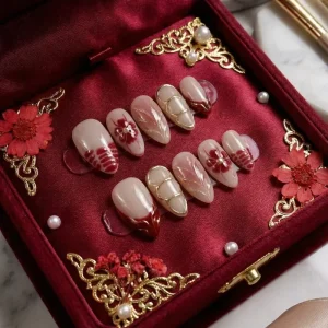 Handmade Press on Nails Red Flower Custom Luxury French Long Almond Nails Full Cover Reusable Stick on Nails Art Tips